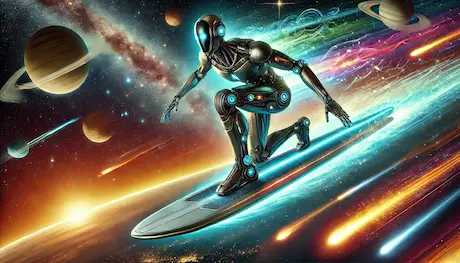 A futuristic robot on a surfboard gliding through space.