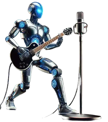 A robot strums with glowing grace,
Electric chords in a vibrant space.
Through strings and sparks, its soul takes flight,
A fusion of steel and music’s light.