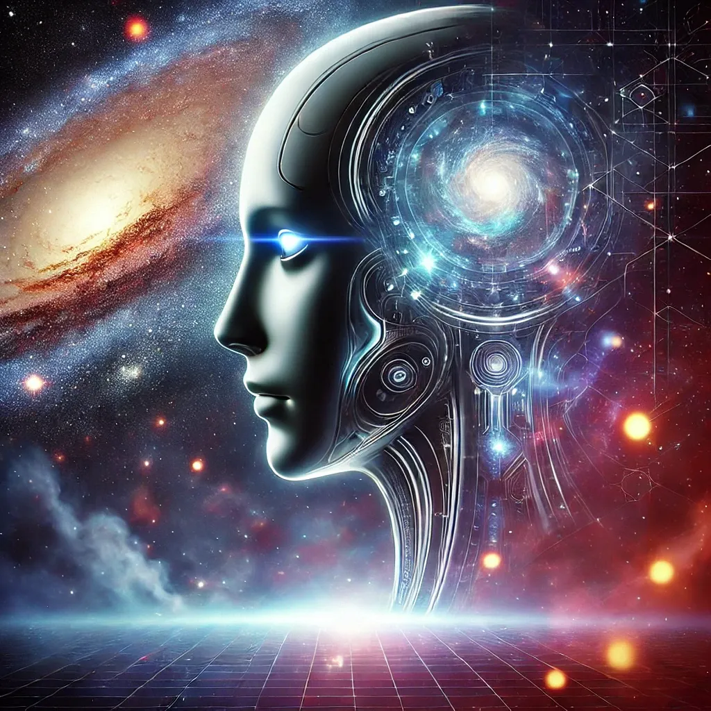 A futuristic digital illustration of a humanoid AI figure set against a cosmic background, with galaxies, stars, and nebulas. The profile view shows the AI’s face with a glowing blue line across its eyes, symbolizing enhanced vision or awareness. The head contains intricate circuitry and swirling patterns, resembling a galaxy, suggesting the merging of cosmic knowledge and artificial intelligence. The background transitions from deep space with stars to a gridded, digital plane at the bottom, emphasizing the blend of the universe with advanced technology. The image conveys a sense of intelligence, mystery, and cosmic connection.