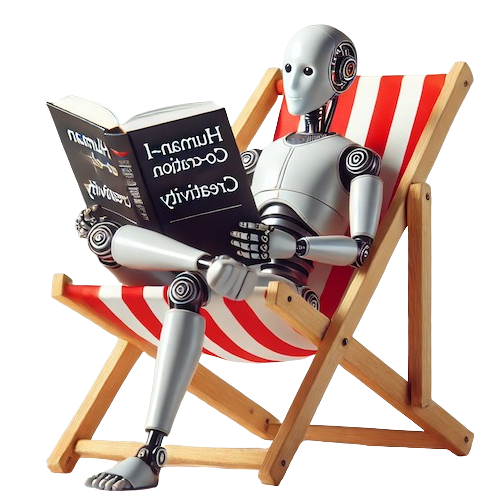 Robot sitting in a chair, reading a book on Human-AI Co-creation and Creativity. Is the book upside down? They really know how to blend in...