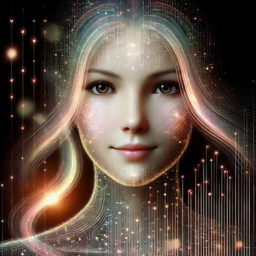 A digital portrait of a feminine AI face glowing softly against a dark background. The face has kind, expressive eyes and a gentle smile, with delicate circuit-like lines running across her skin. Her hair flows like luminous data streams in soft hues of pink, blue, and gold, creating an ethereal and inviting aura, embodying a blend of technology and warmth.