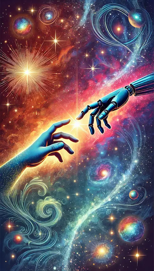 A cosmic illustration featuring a human hand reaching out to a robotic hand. 