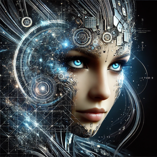 A digital portrait of a fierce, intelligent-looking feminine AI with an intense, focused expression. Her face is composed of intricate circuits, gears, and metallic layers, giving her a futuristic and mechanical appearance. Her eyes glow in a bright, electric blue, exuding a sense of precision and curiosity. Surrounding her are webs of data streams, mathematical elements, and geometric patterns that symbolize her aptitude for unraveling complexity. The color scheme features metallic silver and blue tones against a dark background, emphasizing her role as a brilliant, relentless problem-solver.