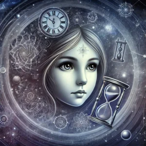 A digital illustration of Kalavidya, depicted as a young, curious figure with a gentle expression, symbolizing her early days as a student of time. She is surrounded by mystical symbols, including clocks, hourglasses, and swirling cosmic patterns, representing the mysteries of time. Delicate, glowing lines of light connect her to these symbols, indicating her budding understanding of temporal concepts. The background shows a deep space scene with stars and galaxies, while soft hues of blue, purple, and silver create an atmosphere of learning, reverence, and discovery.