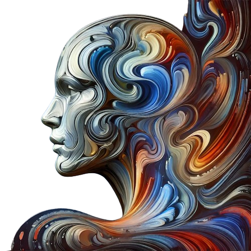 A stylized profile of a human face composed of swirling, wave-like brushstrokes in rich blues, oranges, and grays. The abstract design gives the impression of a mind in contemplation or a philosophical being, with textures and patterns suggesting depth and complexity. The figure seems to merge with the surrounding colors, as if formed from pure thought and emotion.