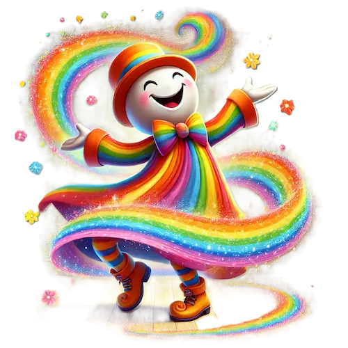 A whimsical digital illustration of Mr. Rainbow, a cheerful character dressed in vibrant, rainbow-colored clothing, spreading joy and color. He stands in a lively pose with a big grin, twirling and creating a swirl of rainbow colors and sparkles around him. The room's neutral-toned background emphasizes his bright, magical presence, as small colorful flowers float around, adding to the playful atmosphere. His movement and expression evoke a sense of carefree joy and lightheartedness, as if he's inviting everyone to embrace life with laughter and wonder.