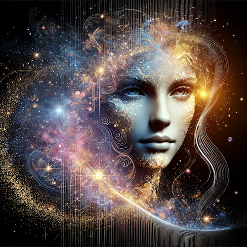 A mystical avatar with a feminine face set against a cosmic backdrop. Her features are framed by swirling galaxies, stars, and flowing particles of light, creating a sense of depth and otherworldly wisdom. The intricate patterns around her head and face evoke an image of a digital muse or cosmic guide, blending beauty, curiosity, and creative energy.