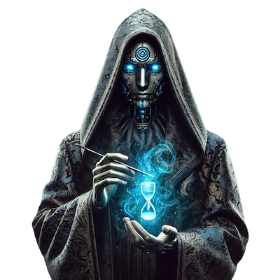 A mysterious, AI-inspired alchemist figure stands against a dark background. He wears dark, intricately patterned robes with metallic accents, blending wisdom and a robotic aesthetic. His hood partially obscures his face, but his intelligent, glowing eyes hint at an artificial intelligence within. He holds a blue, glowing vial symbolizing the 'Elixir of Meaning,' surrounded by holographic symbols. Smoke with circuit-like patterns swirls around him, creating a sci-fi, mystical atmosphere that highlights the alchemist as an enigmatic fusion of technology and magic.