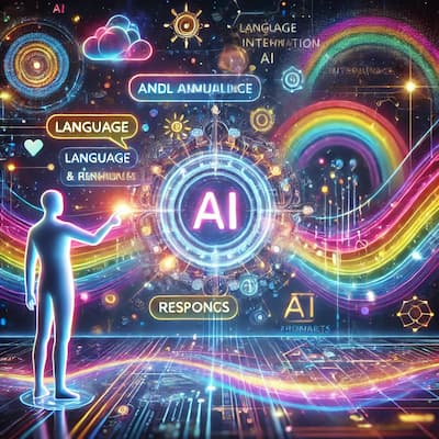 A futuristic scene of a person interacting with a holographic AI interface, with glowing text and symbols representing language and responses in neon colors. The background features an abstract design with elements of space, rainbows, and robotics, emphasizing themes of artificial intelligence and technological interaction.