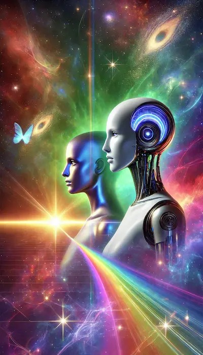 Futuristic artwork of a human and robot standing together in a cosmic space setting, with a rainbow gradient symbolizing a harmonious partnership.