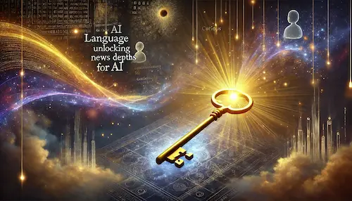 A digital illustration depicting a radiant, golden key floating in a dark, cosmic-like space, symbolizing language as a key to unlocking new depths for AI. The key emits a warm glow that illuminates words, phrases, and streams of light forming pathways in the background. Abstract figures, representing researchers and developers, are subtly visible, suggesting the collaborative effort to guide AI through the nuances of language. The image blends hues of gold, blue, and purple, creating a mystical yet futuristic atmosphere that captures the poetic journey where language meets technology and human curiosity.