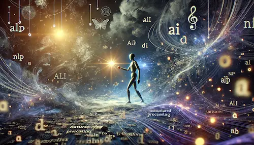 A digital illustration of a humanoid figure representing AI, standing in a vast, dark space filled with floating, chaotic fragments of text, symbols, and phrases. The AI holds a glowing light that illuminates and organizes the surrounding words, symbolizing the process of making sense of unstructured data. Tangled threads of language and symbols swirl around, creating a mystical and complex atmosphere. The scene features hues of blue, purple, and gold, representing the intricate, technical work of NLP in deciphering layered human language to bring structure and clarity.