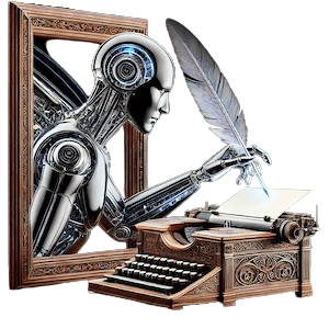 A futuristic robot, emerges from an ornate wooden picture frame.