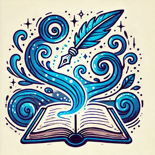 A vibrant illustration of an open book with swirling, magical blue and teal energy rising from its pages. A feathered quill floats above the book, surrounded by swirling patterns, sparkles, and leaves, evoking a sense of creativity, storytelling, or fantasy magic.